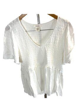 Urban Romantics Large White Smocked V Neck Flutter Sleeve Peplum Top Coastal